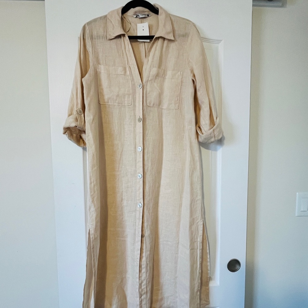 New 100%linen button down shirt dress